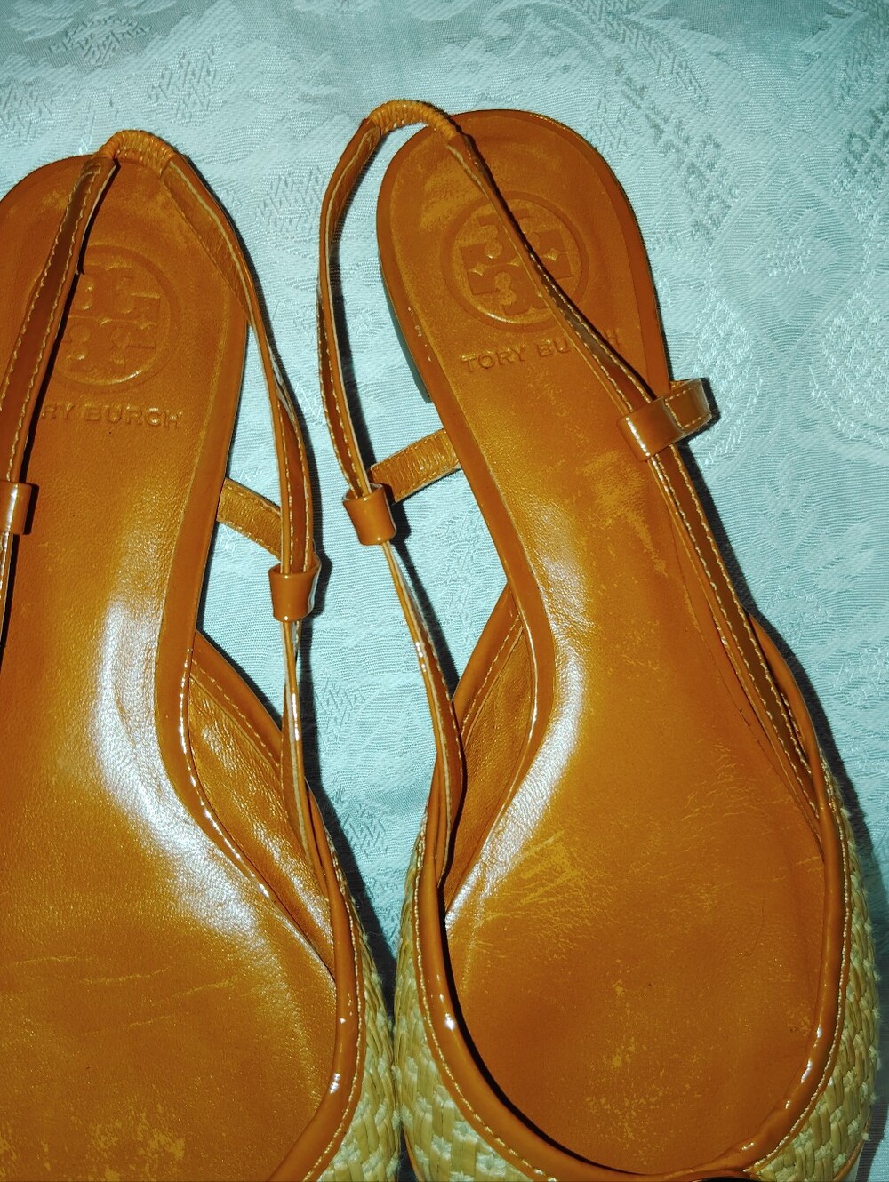 Tory Burch Raffia Patent Leather Logo Flat Slingbacks Orange Sz 8 M - Picture 5 of 8